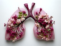 Pink lungs filled with purple and white flowers representing healthy breathing and natural wellness on white background isolated for design use.