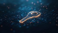 Glowing digital key symbol on circuit board background with bokeh light effects and particles, representing cybersecurity and data protection concept.