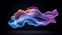 Colorful flowing smoke effect in blue, purple and orange gradient on black background, abstract dynamic wave motion for creative design projects.
