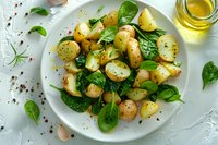 Fresh baby potatoes tossed with spinach leaves, herbs, and olive oil dressing on white plate, garnished with black pepper and garlic cloves, top view food photography.