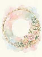 Elegant circular frame with soft watercolor washes in pastel pink, green, and cream tones, adorned with delicate roses, peonies, and foliage. Suitable for invitations and greeting cards.