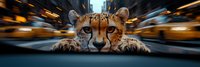 Cheetah face close up on urban street background with motion blur effect and yellow taxi cabs, dramatic wildlife composite panoramic photography.