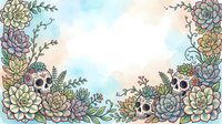 Decorative skulls surrounded by succulent plants and botanical elements on watercolor background, suitable for day of the dead designs, greeting cards, and festive artwork.