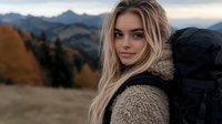Young blonde woman with backpack enjoying autumn mountain landscape at sunset. Outdoor adventure travel concept.