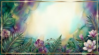 Watercolor tropical frame with pink and purple flowers, green palm leaves, and luminous center space for text overlay, suitable for invitations, greeting cards, and social media designs.