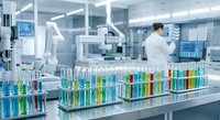 Laboratory scientist conducting research with colorful chemical samples in test tubes at modern medical facility for pharmaceutical development.