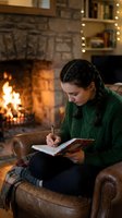 Young woman writing in journal by cozy fireplace wearing green sweater in comfortable living room with warm lighting and stone wall background.