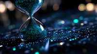 Hourglass with glowing turquoise sand on digital circuit board background with bokeh lights, representing time management and digital transformation in technology.