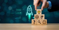 Business startup concept with hand stacking wooden blocks featuring innovation icons and glowing rocket symbol on digital background for entrepreneurship growth.