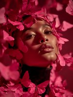 Close-up portrait of young woman with glossy makeup surrounded by vibrant pink butterflies against dark background, creating dramatic contrast.