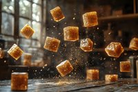 Brown sugar cubes floating in air with sparkling sugar crystals against rustic wooden background in warm lighting, dynamic food composition for culinary design.