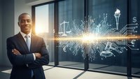 Professional African American businessman in dark suit standing confidently in modern office with digital technology network overlay and city view.
