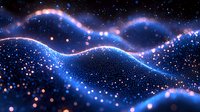 Glowing blue waves with sparkles and bokeh effects on dark background create mesmerizing abstract pattern. Magical cosmic landscape for digital art designs.