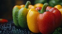 Fresh colorful bell peppers with water drops in row, green yellow and red paprika on dark background with dramatic lighting and selective focus.