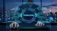 Businessman touching digital personalization interface with holographic technology elements and data analytics icons in modern office environment.