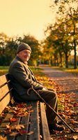 Happy senior Caucasian man with walking cane sitting on park bench during golden hour autumn evening, smiling warmly surrounded by fallen leaves and trees.