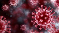 Red microscopic virus cell structure on dark background with blurred particles, scientific medical research visualization for healthcare and biology education.
