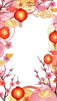 Traditional lunar new year frame with red lanterns, cherry blossoms, golden clouds and decorative elements on white background for festive greeting cards.