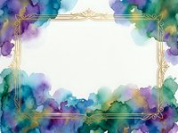Ornate gold frame border with vibrant watercolor splashes in purple, teal, and yellow on isolated white background, ready for invitations, cards, and design projects.