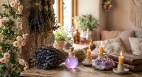 Cozy bohemian interior with dried lavender bundles, amethyst crystals, burning candles and fresh flowers creating peaceful spiritual atmosphere for meditation.
