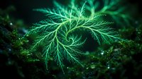 Glowing green fractal fern spiral with dew drops on dark mossy background, nature-inspired geometric pattern in macro view.