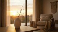 Cozy living room interior with ceramic vase and dried branches on wooden table, warm sunset light through window, comfortable armchair and soft textiles.