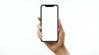 Hand holding modern smartphone with blank white screen mockup isolated on white background for app presentation and mobile interface design.