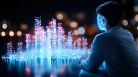 Young Asian businessman looking at glowing futuristic hologram cityscape projection with neon blue lights against dark background with bokeh effect.