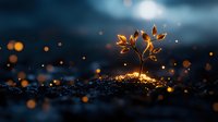 Young plant seedling growing from soil at night with magical golden bokeh lights and dark blue atmosphere creating mystical natural environment.