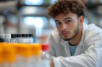 Young mixed-race male scientist in white lab coat examining test tubes with orange liquid in modern laboratory for research and development projects.