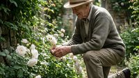 Senior man in casual attire and hat tending to white flowering plants in lush garden setting, depicting gardening hobby and outdoor leisure activity.