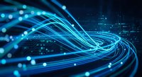 Abstract blue light trails flowing in dynamic waves with glowing particles and digital grid background for technology and data visualization concepts.