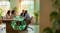 Diverse business team collaborating around conference table with glowing green recycling symbol overlay in modern sustainable office environment.