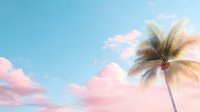 Dreamy tropical landscape with palm tree silhouette against pastel pink sunset clouds and turquoise sky, creating serene summer vacation atmosphere.