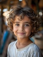 Young child with curly brown hair and bright eyes wearing white embroidered top smiles warmly at camera, capturing pure joy and innocence in soft natural lighting.