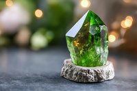 Green crystal point on natural stone base with soft bokeh lights in background, mystical healing stone display for spiritual and wellness decor.