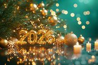 Golden 2026 balloon numbers with Christmas decorations, glowing candles and pine branches against turquoise background with bokeh lights and reflective surface.