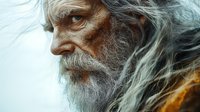 Dramatic profile portrait of elderly Caucasian man with flowing white hair and beard against ethereal background, conveying wisdom and character in cinematic lighting.