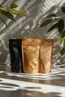 Kraft paper and black coffee bags with palm leaves shadow on beige wall background. Natural light creates modern minimal composition for packaging design.