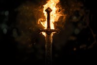 Medieval sword engulfed in mystical flames against dark background, dramatic lighting creates mysterious atmosphere for fantasy and gaming concepts.