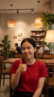 Happy young Asian woman giving thumbs up gesture in modern cozy cafe with warm lighting and plants, expressing positive emotions and satisfaction.
