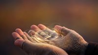 Cupped hands holding glowing light bulb with warm illumination representing innovation, creativity, and bright ideas for business concepts.