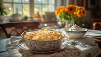 Homemade potato gratin in vintage porcelain dish on rustic table with sunflowers bouquet and natural window light creating cozy autumn atmosphere.