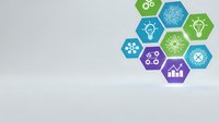 Modern hexagonal business icons featuring lightbulbs, gears, charts and network symbols in vibrant colors on clean background for presentations.