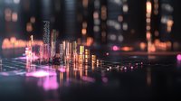 Futuristic digital cityscape with glowing skyscrapers and neon lights reflecting on grid surface, creating abstract urban technology landscape at night.