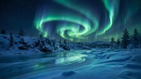 Spectacular northern lights aurora borealis swirling in green spiral over snowy winter landscape with frozen river and evergreen trees under starry night sky.