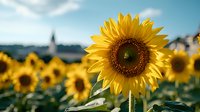 Vibrant sunflower in full bloom against blurred field background, bright yellow petals and dark center catching sunlight, summer agricultural landscape.
