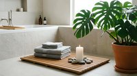 Spa bathroom setup with stacked towels, candles, and monstera plant on wooden tray for relaxation and wellness design projects.