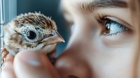 Close-up portrait showing human eye meeting baby bird gaze in tender moment. Artistic macro photography captures connection between nature and humanity in soft teal tones.
