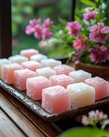 Pink and white Turkish delight cubes dusted with powdered sugar arranged on rustic ceramic plate, with soft-focus pink flowers creating romantic atmosphere.